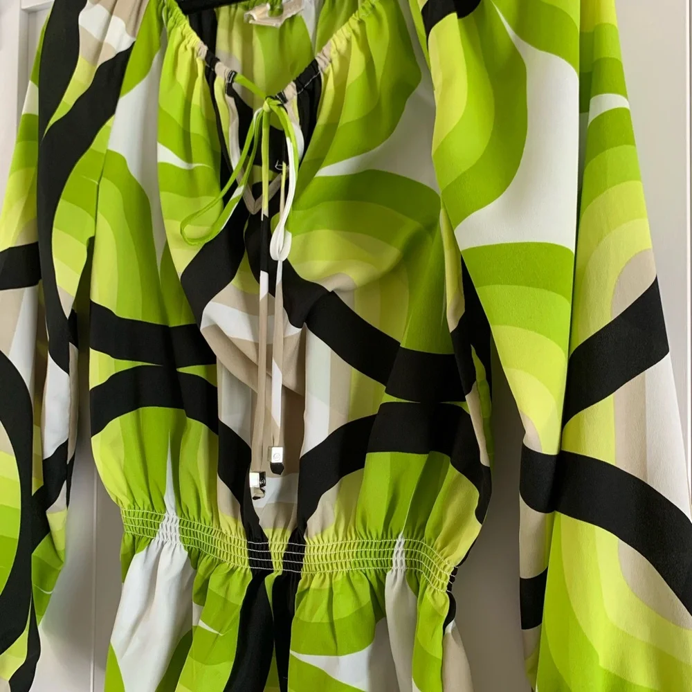 Michael Kors Womens Medium Green Abstract Peasant Top Smocked Waist Resort Boho